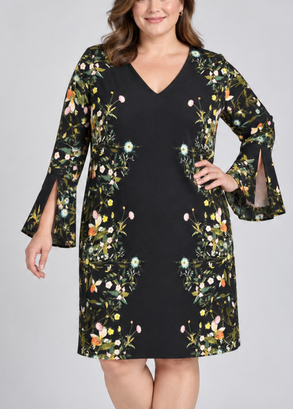 RACHEL Rachel Roy Dress 22W Black Floral V Neck Split Sleeve Shift Plus Pockets